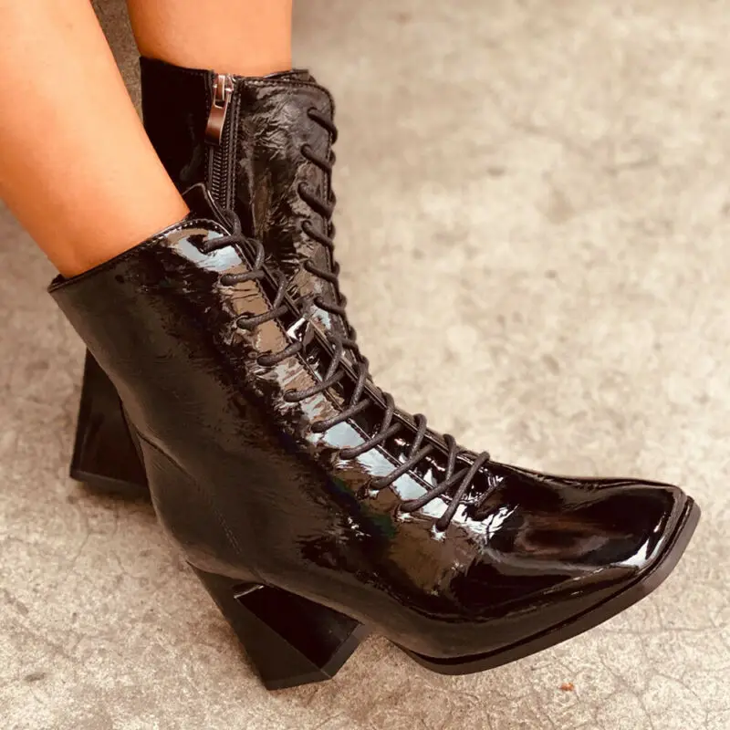 

Womens Ladies Plain Lace Up Square Toe Boots Casual Shoes Autumn Party Heels