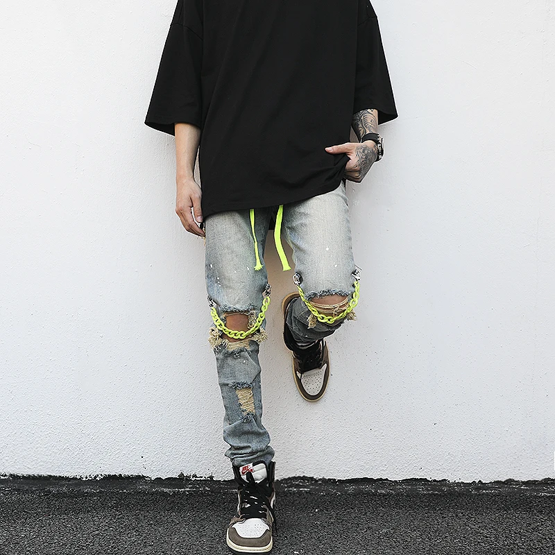 High Street Knee Hole with Chain Ripped Biker Jeans Mens Slim Fit Denim Pants Autumn New Streetwear Casual Hip Hop Pants Joggers