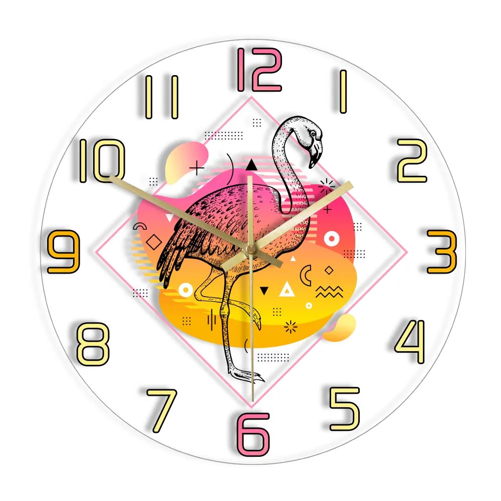 Rainbow Geometric Style Flamingo Silent Non Ticking Wall Clock For Girls Living Room Summer Home Décor Silent Swept Wall Watch