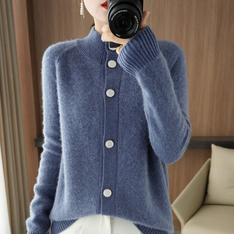 2021 Autumn Winter New Ladies Sweater Half High Neck Thick Pure Wool Cardigan Women's Large Size Loose All-Match Knitted Jacket