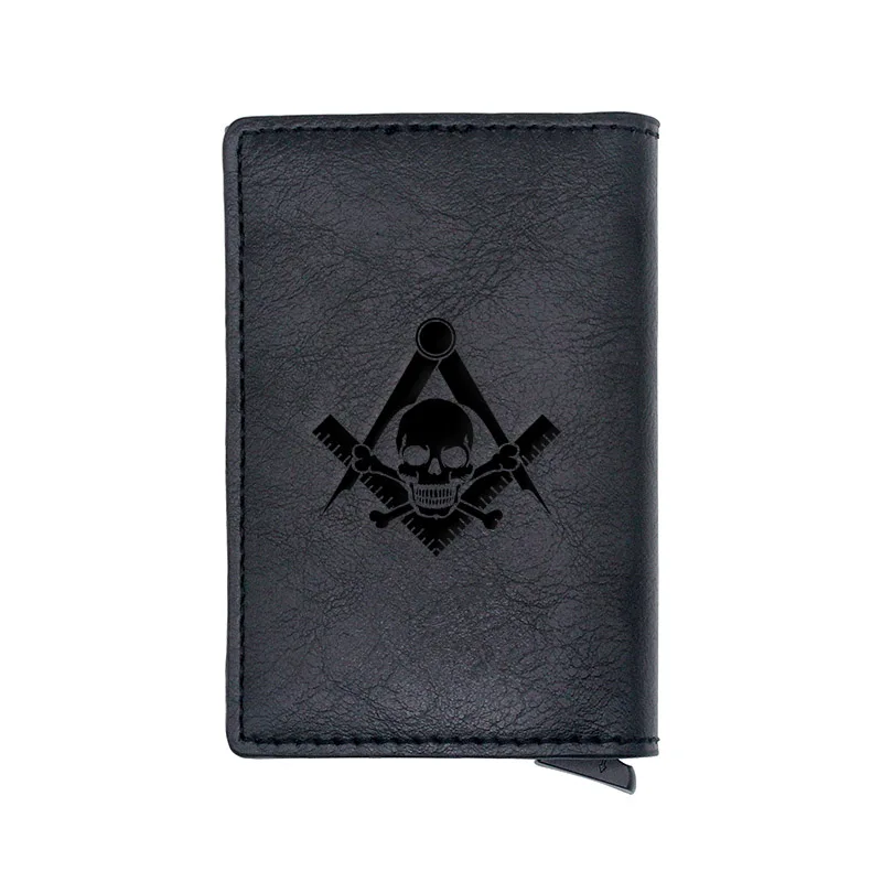 

Classic Vintage Skull Masonic Design Card Holder Wallets Men Women Rfid Leather Short Purse Slim Mini Wallet Money Bag Gifts