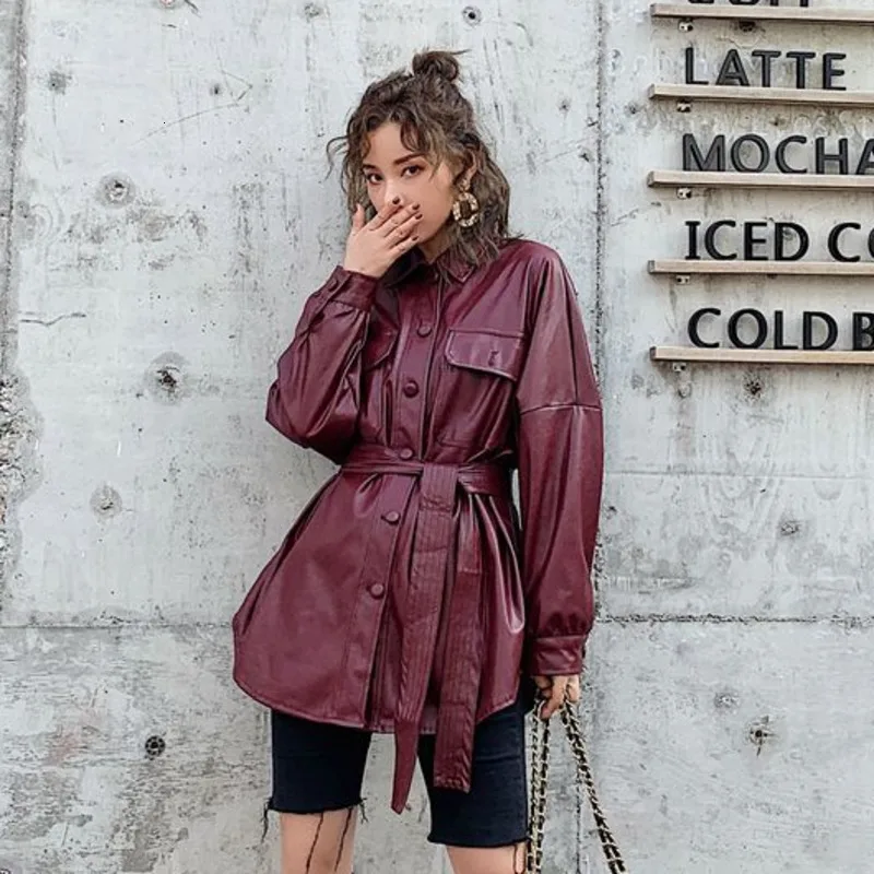 LANMREM 2020 женская кожаная куртка средней длины винно красного цвета на осень новая