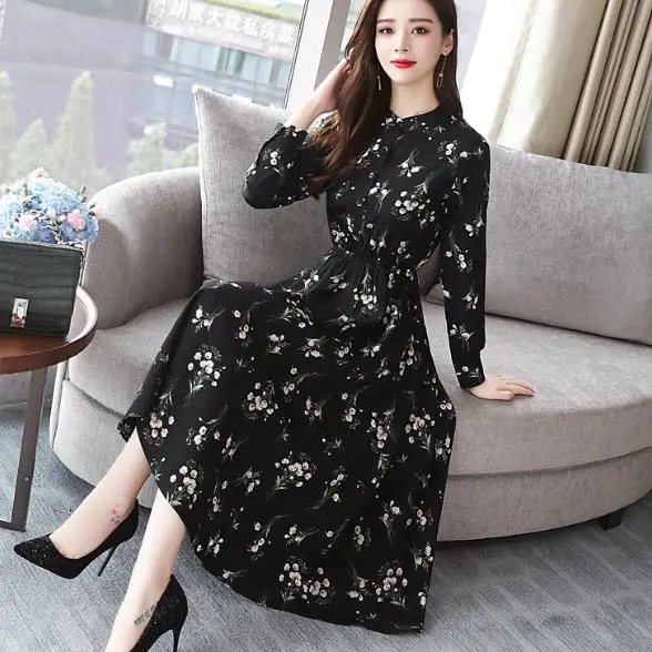 Autumn Winter Black Vintage Floral Chiffon Midi Dress Plus Size Boho Dresses Elegant Women Party Long Sleeve Vestidos LJ5 | Женская