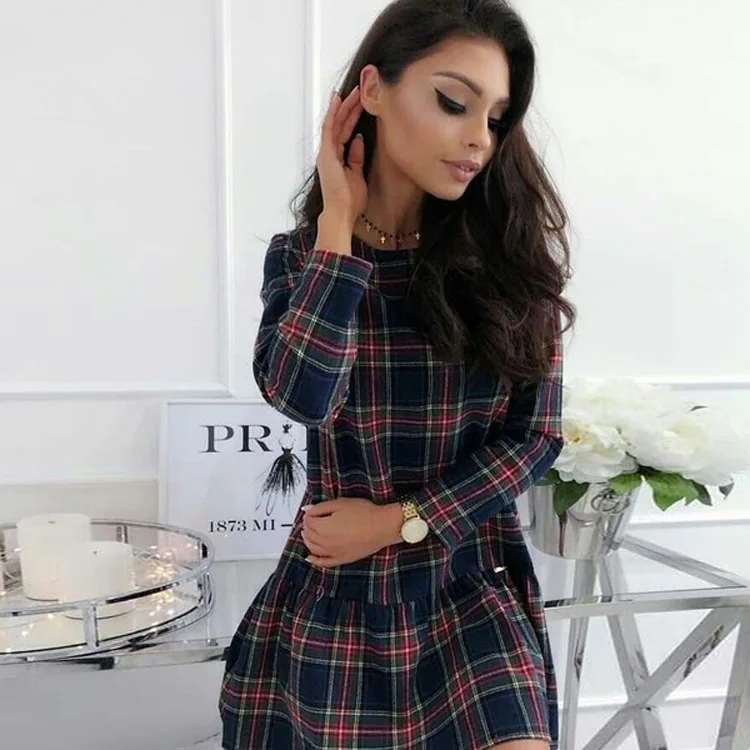 

Mandylandy Dress Summer Fashion Long Sleeve O-Neck High Waist Dress Women's Casual Plaid Stitching Ruffle Dress