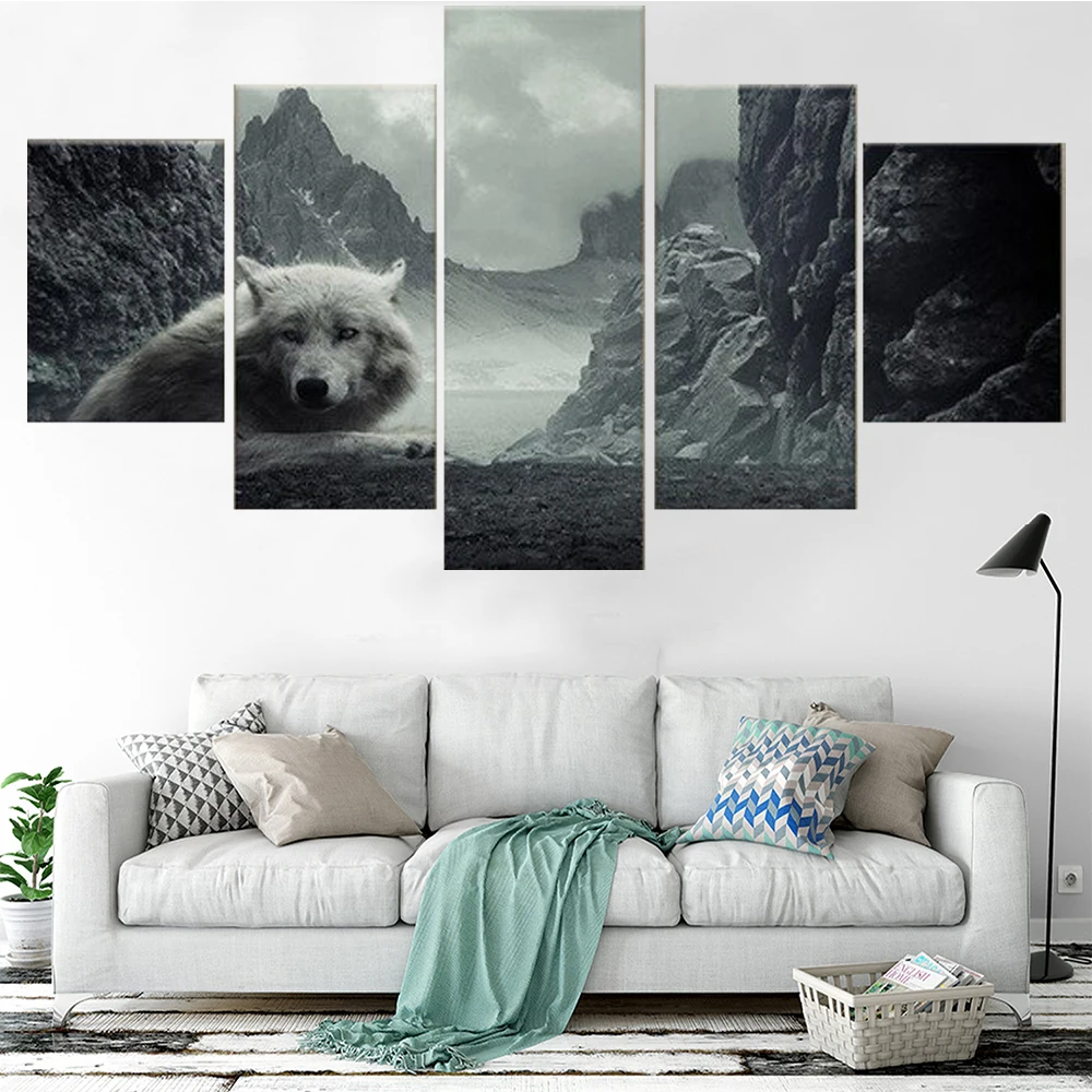 

5 Pieces Wall Art Canvas Painting Wolf in the Mountains Animal Poster Modern Home Decoration Modular Living Room Free Shipping