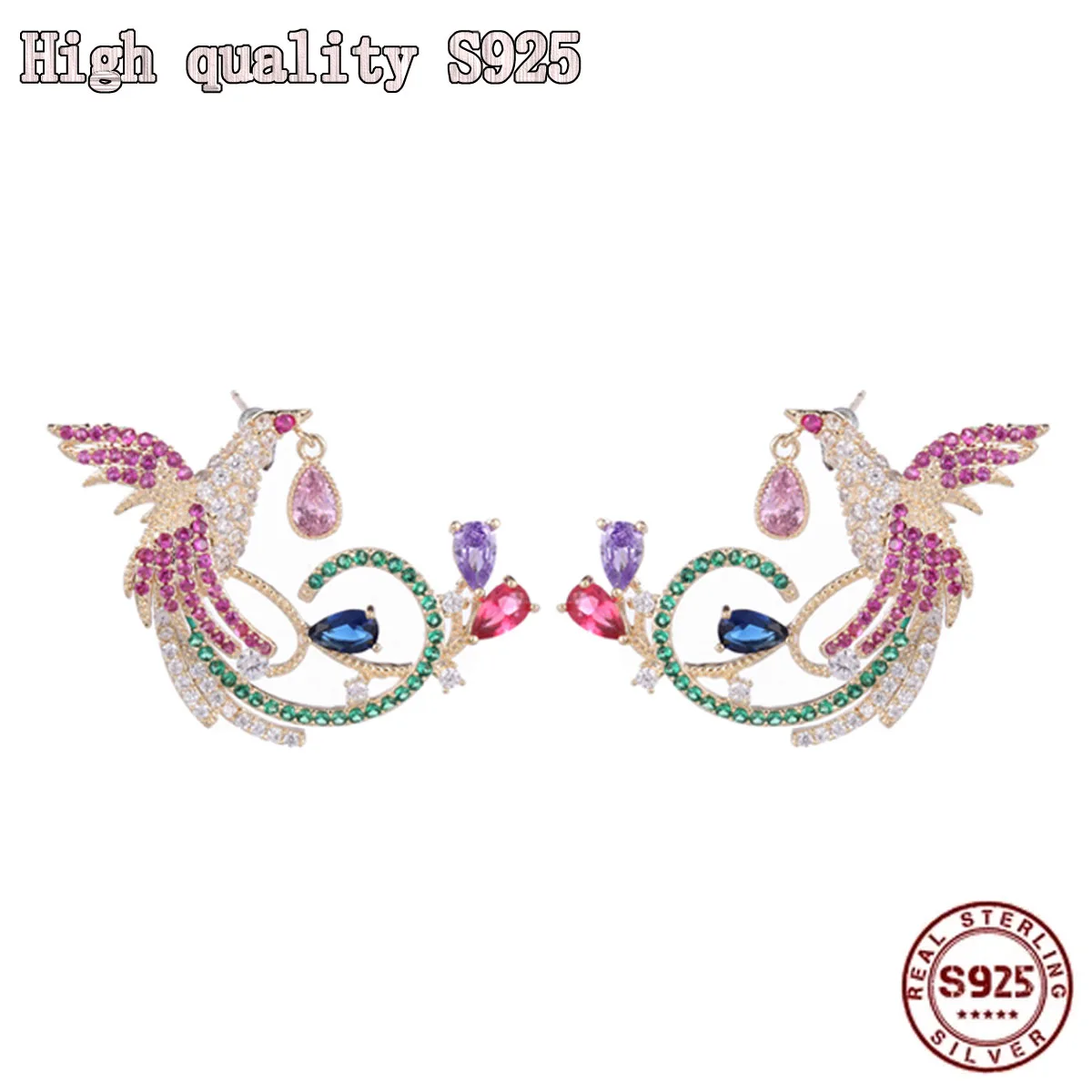 

National Style Design Sense of Individuality S925 Silver Needle Inlaid with Colorful Zircon Lovely Peacock Phoenix Women Earring