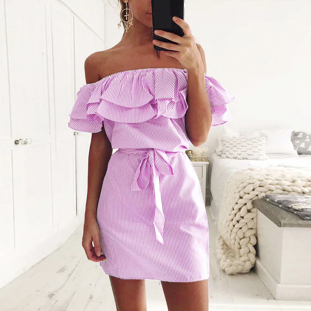 2019 модное женское летнее платье в полоску с открытыми плечами и рюшами поясом