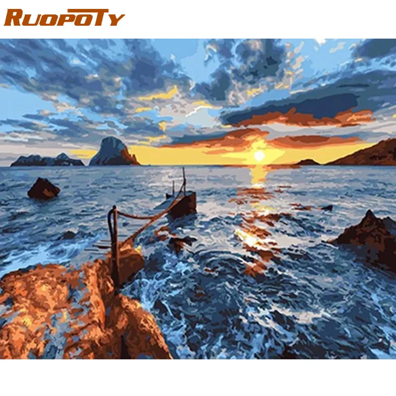 RUOPOTY рамка закат пейзаж DIY Рисование по номерам набор Акриловая Краска на холсте