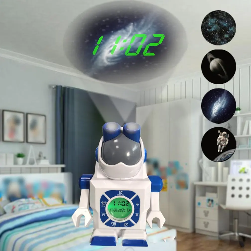 

Robot Alarm Clock, Non-Ticking Wake-up Clock with Flashing Eye Lights and Rotating Arm, Projection Clock, Gift to Children