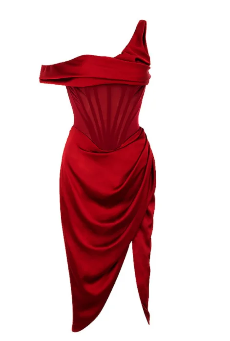 

Women's Party Christmas Vestido Dresses New Fashion Red Asymmetric Drape Midi Corset Dress