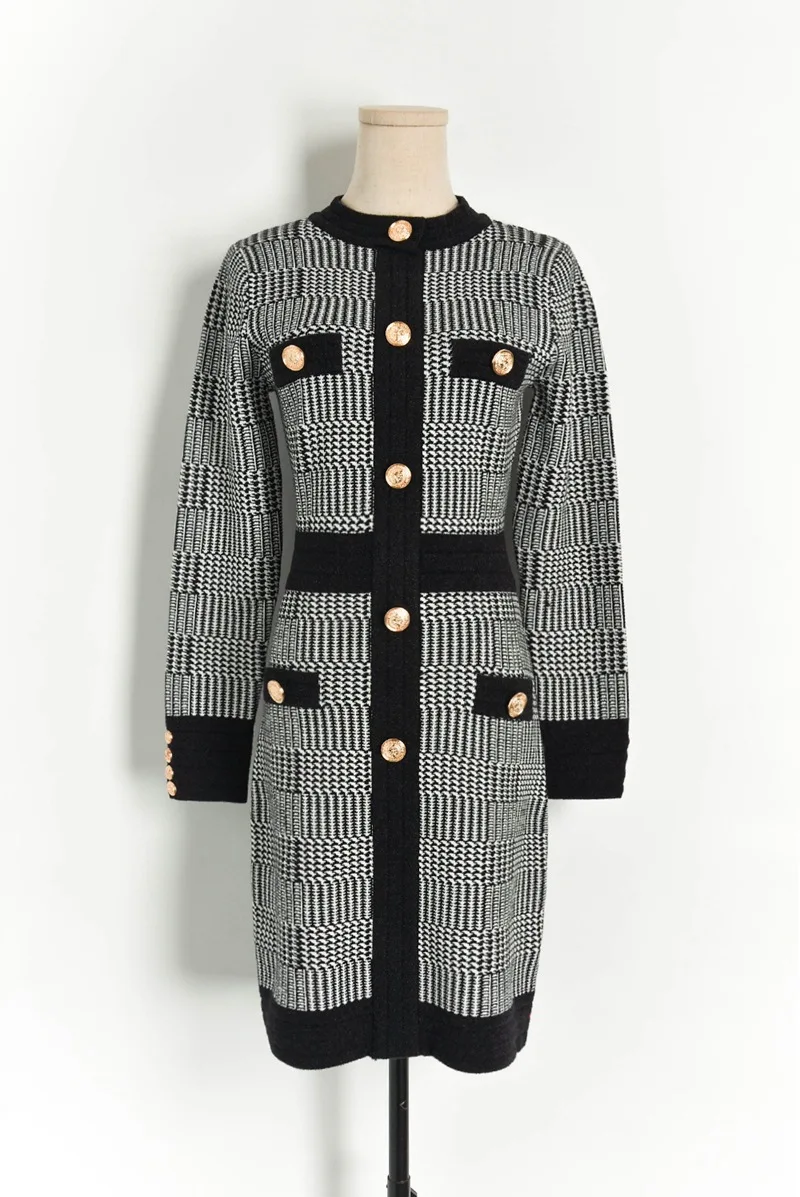 

Vintage Hit Color Houndstooth Plaid Dress 2019 Autumn Winter Single Breasted Knitted Dress Bodycon Runway Sweater Dress Red Robe