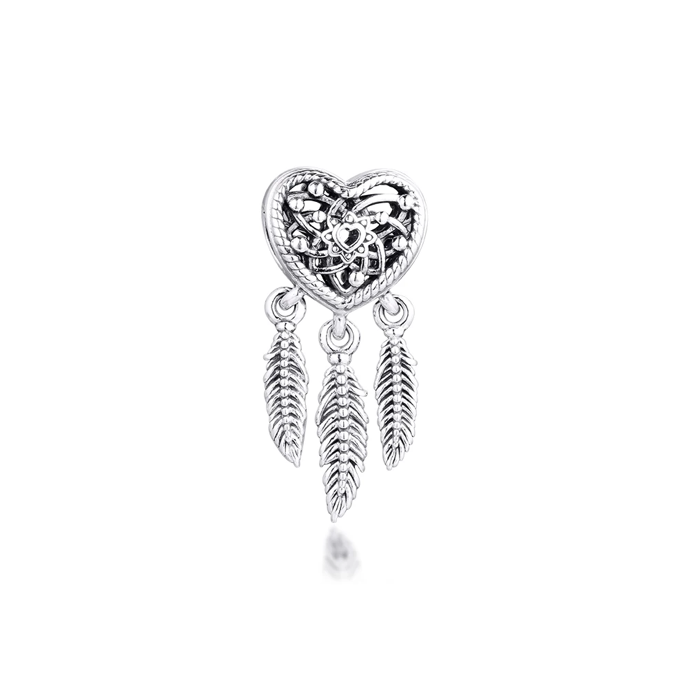 

CKK Silver 925 Jewelry Openwork Heart & Three Feathers Dreamcatcher Charm Fits Original Bracelets Sterling Silver Beads