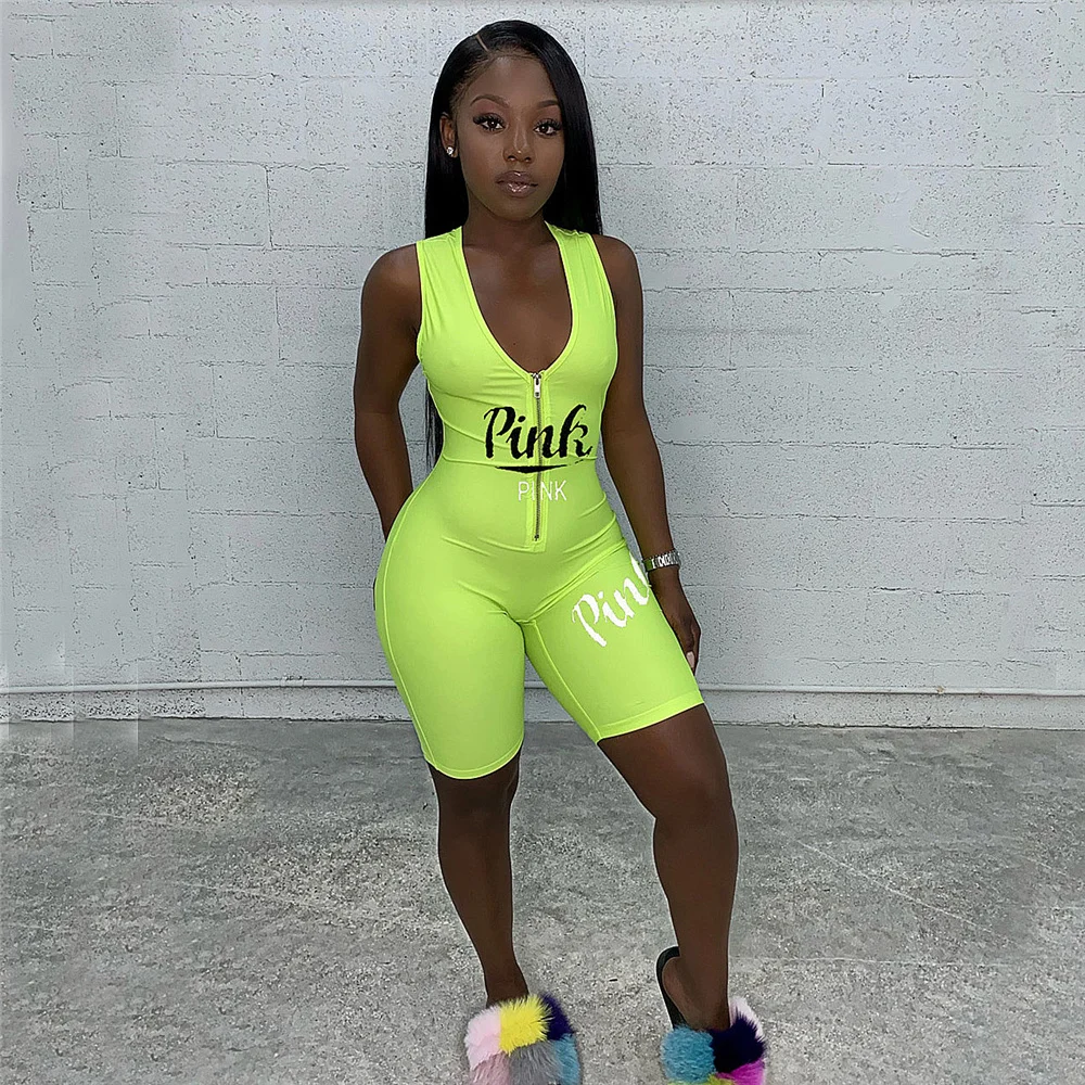 

Pink Letter Printed Bodycon Sleeveless Biker Shorts Female Fashion Casual Streetwear Zipper Playsuits Basic Fitness Romper Woman