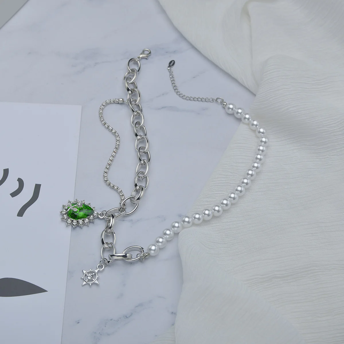 

Acheerup Fashion Stainless Steel Necklace For Women Silver Color Green Crystal Drop Pendant Pearl Chain Neckace Jewelry Gift