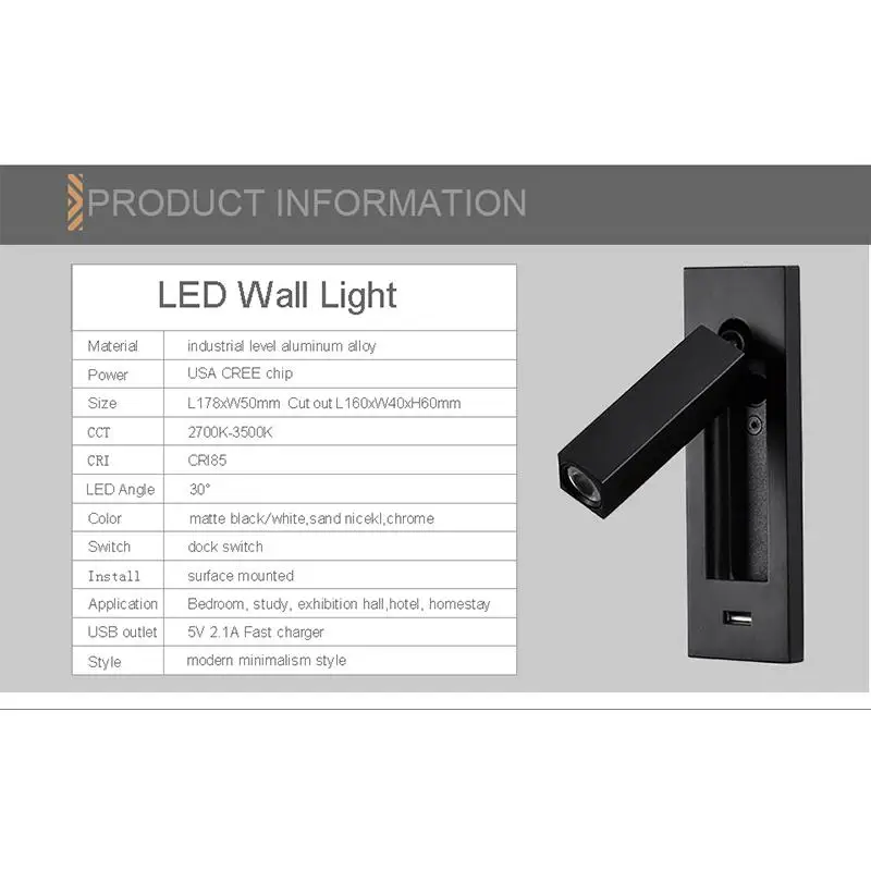 Современный COB CREE светодиодный настенный легкое Зарядное устройство USB Настенный