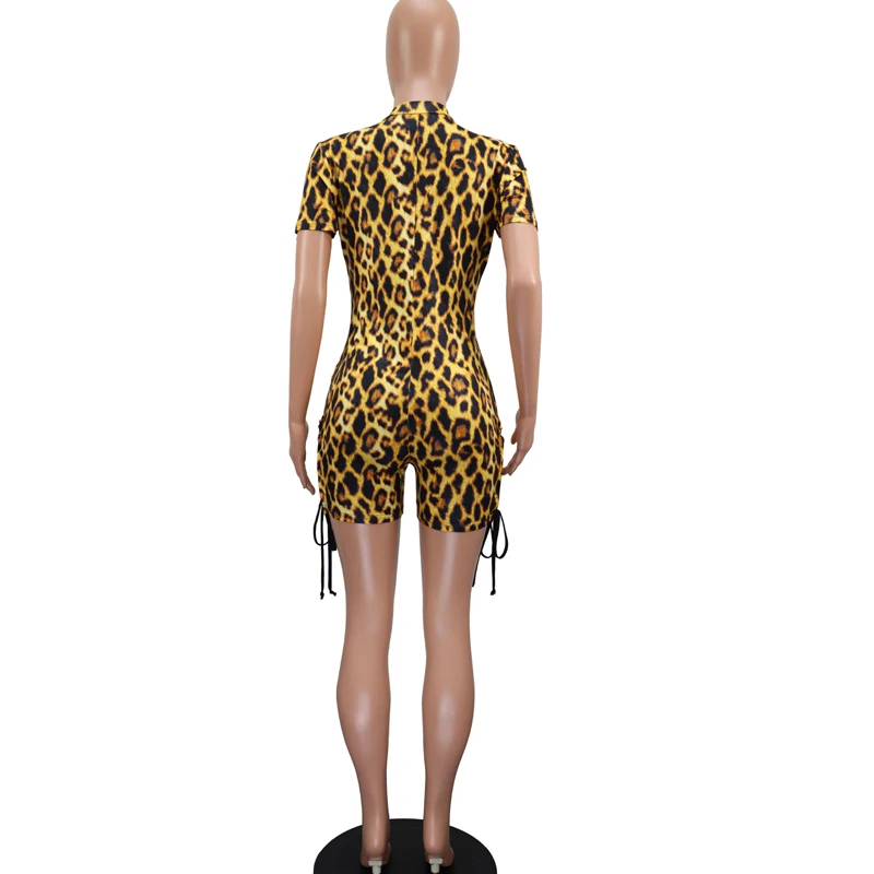

Beyprern Fashion Short Sleeve Laced Up Skinny Rompers Women Jumpsuits Leopard Print Playsuits One Piece Overalls Party Clubwear