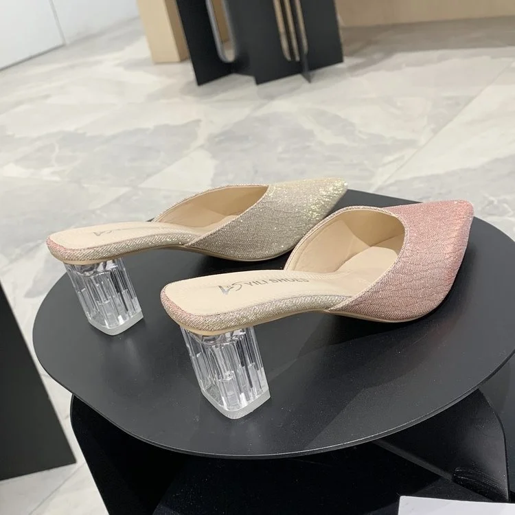 

Baotou half drag women's summer wear 2021 new Korean thick heel pointed Sequin fashion crystal heel women's shoes fashion