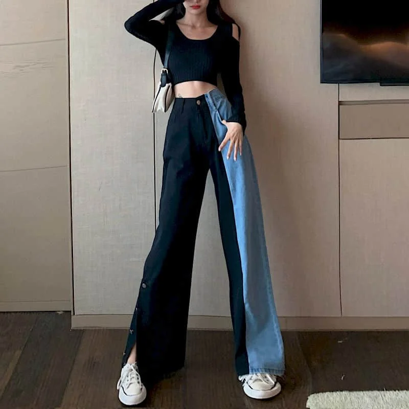 

Autumn Spring Harajuku Patchworked Jeans Women Straight Pants Vintage Wide Leg Pants Loose Female Trousers
