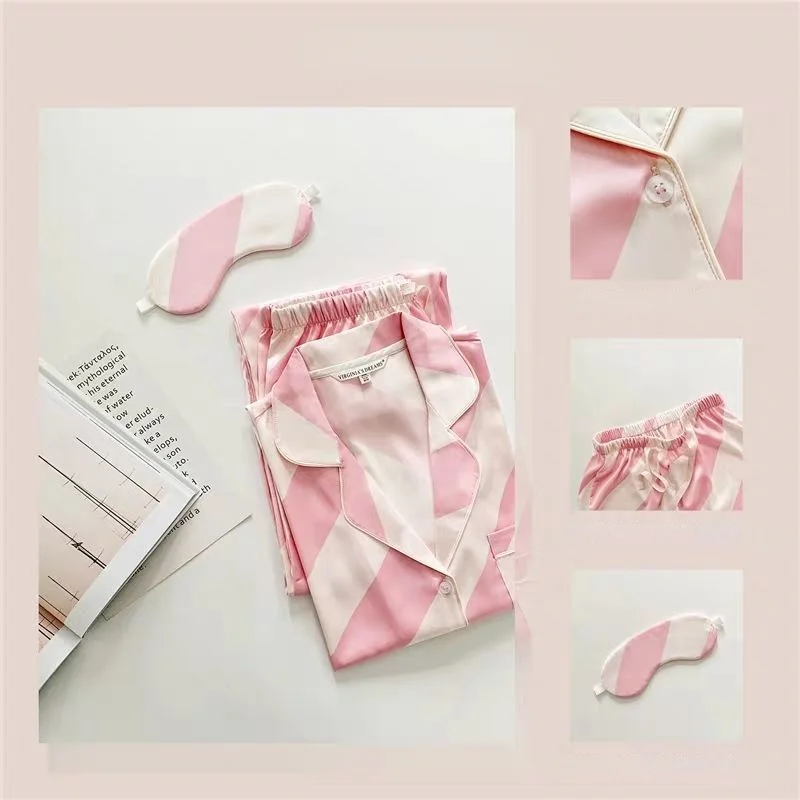 QWEEK Silk Pajamas for Women Striped Sleepwear Autumn Female Set Woman 2 Pieces Winter Pijama Long Sleeve Pyjamas Home Suit Pjs