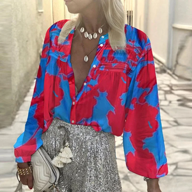 

2021 Spring V Neck Button Casual Blouse Shirt Retro Elegant Floral Print Women Tops Autumn Lantern Long Sleeve Office Lady Blusa