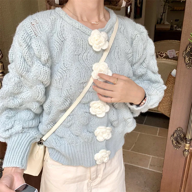 

Autumn And Winter Office Lady Casual Vintage Design Flower Single Breasted Puff Sleeve Knit Solid Color Cardigan Sweater Women
