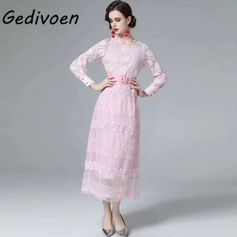 

Gedivoen Fashion Runway Spring Autumn Mesh Long Dress Women's Full Sleeve Embroidery High-End Sashes Mid-Calf Dresses Vestdios