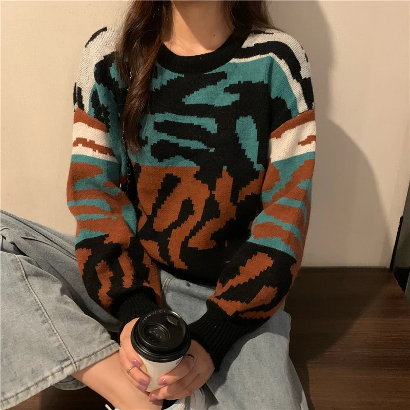 

Autumn winter bump color vintage stripe pullovers sweater women loose knitting sweater female lazy long sleeve coat