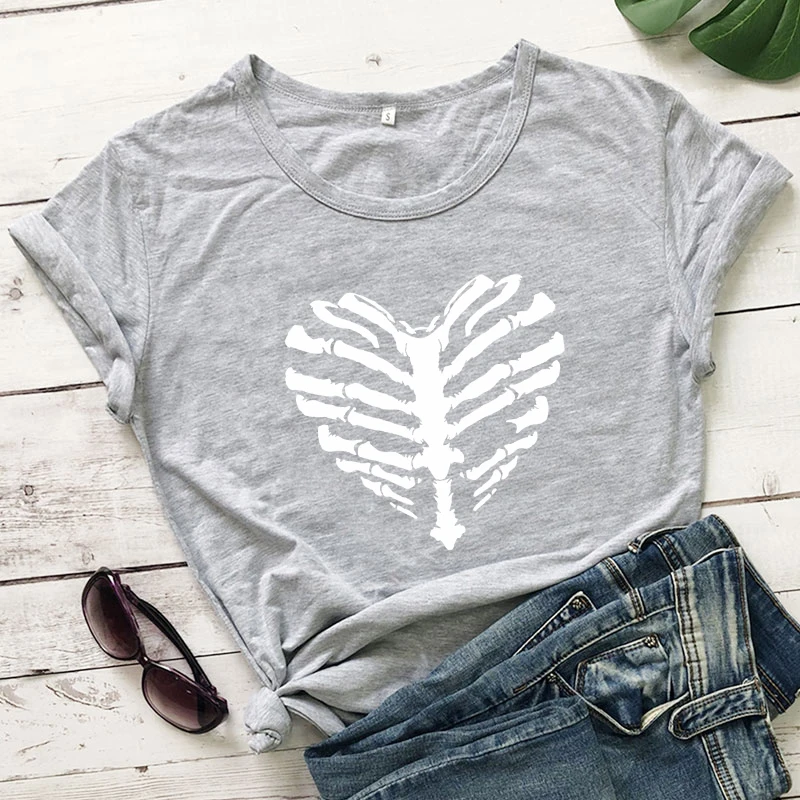 

Love Heart Skeleton Graphic Tees Women 100% Cotton Summer Tumblr T Shirt Causal Tops Gothic Clothing Camisas Mujer Dropshipping