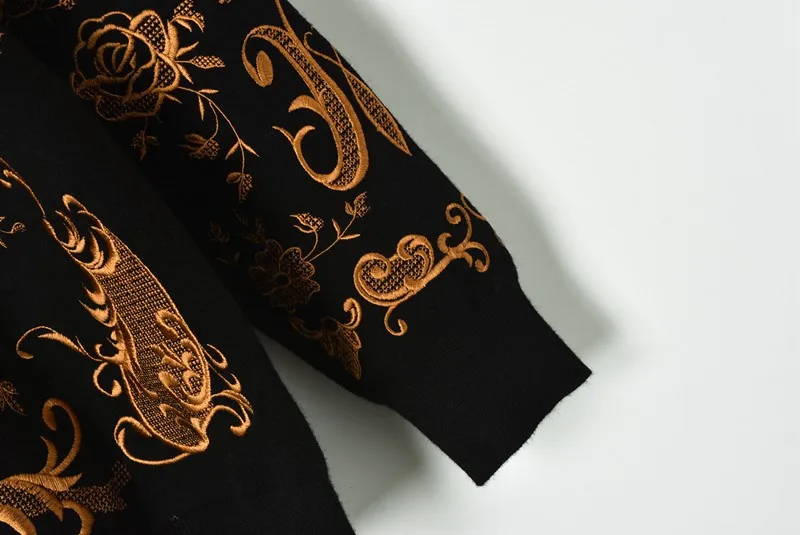 Черный вышитый свитер с вырезом лодочкой 2018 винтажный Свободный Длинный