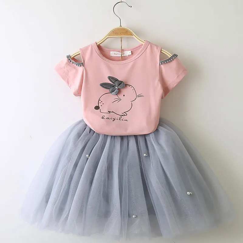 AZ1578Pink-C Коллекция года, новые летние комплекты одежды для маленьких девочек модные стильные футболки с рисунком котенка+ платье с вуалью Одежда для девочек из 2 предметов - Цвет: AZ1578Pink-C