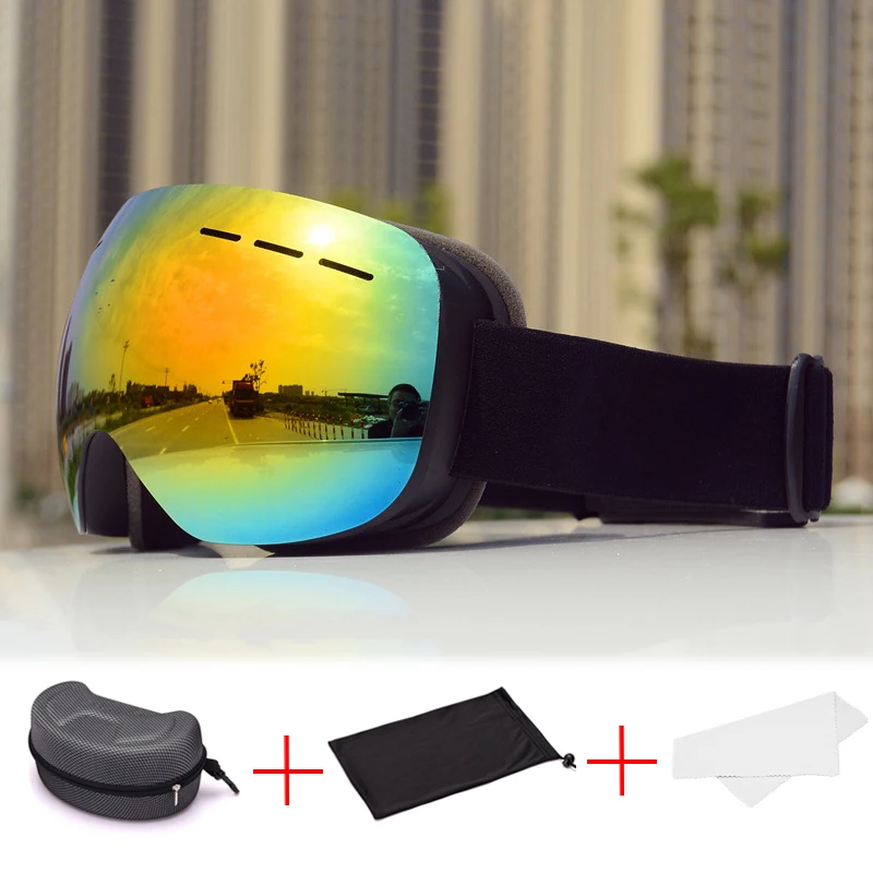 Для взрослых Лыжный Спорт очки большие сферические Gafas сноуборд мужские и женские лыжные очки двухслойные противотуманные - Цвет: Black frame