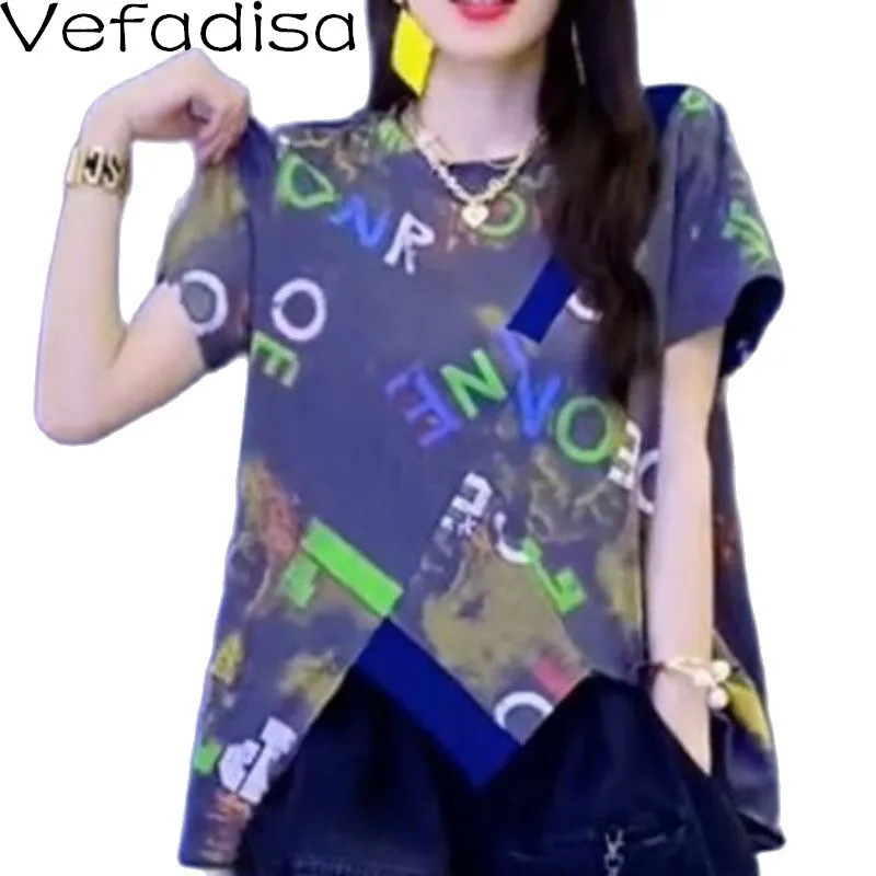 

Vefadisa Blue Summer Irregular Women T-shirt 2021 Fashion Brand Letter Print Female T-shirt Short Sleeve Female T-shirt QYF6382