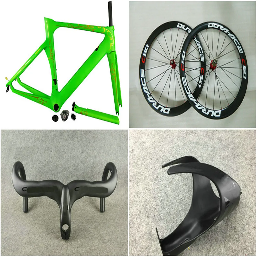 

Карбоновая рамка V3RS C64 с логотипом на заказ, рамка, зеленая Глянцевая + колесная пара 50 мм, карбоновая руль, бутылочная клетка