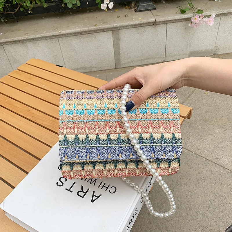 

ABQP Summer Straw Bags For Women Panelled Luxury Pearl Female Shoulder Bag Designers Girl's Cross Body Bag