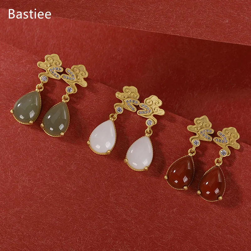 

Bastiee 925 Sterling Silver Earrings Earings Fashion Jewelry Red Agate Golden Plated Korean Earrings Dangle Earrings