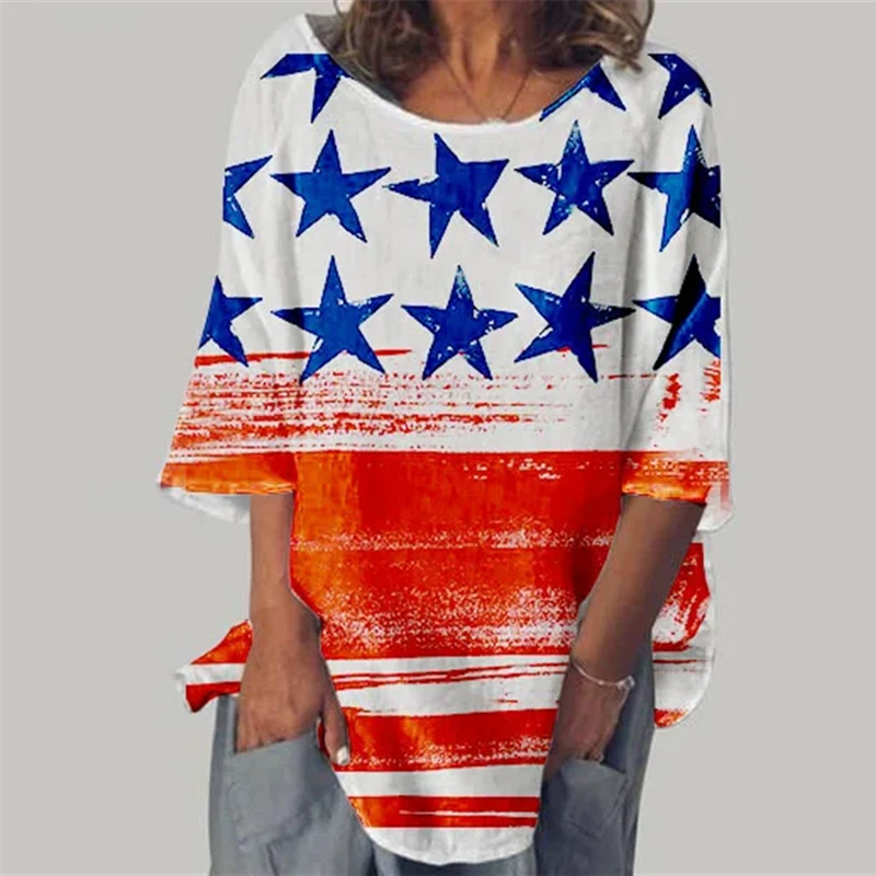 

2021 Summer Women Fashion Vintage Print Blouse Shirts Elegant Round Neck Short Sleeve Loose Shirts Female Casual Streetwears Top