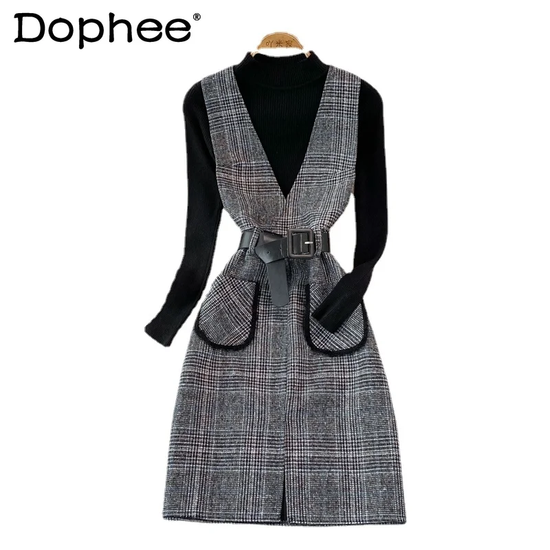 

Fashion Strap Dress Anti-Aging Mid-Length V-neck Woolen Vest Dress Two-Piece Stand Collar Knitted Bottoming Shirt