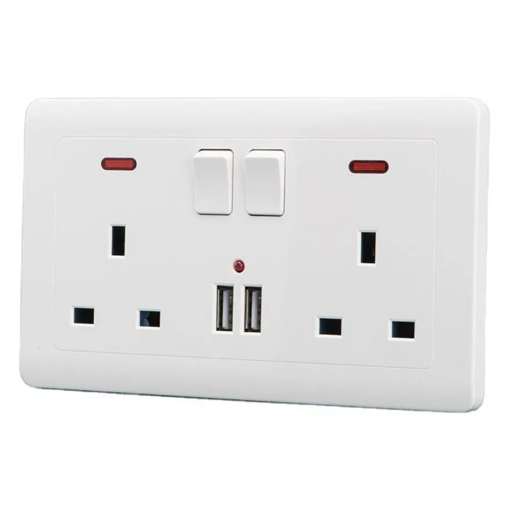 

2 Way Wall Plug Uk Twin Socket 13a With 2 Usb Smartphone High Speed Charger Port Ports Connection Wall Plate