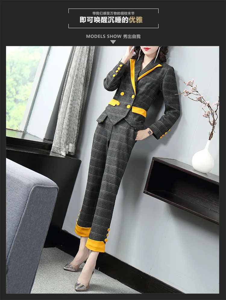 Vogue of new of autumn winters commuter plaid suit color matching collar suit collect waist feet nine minutes of pants