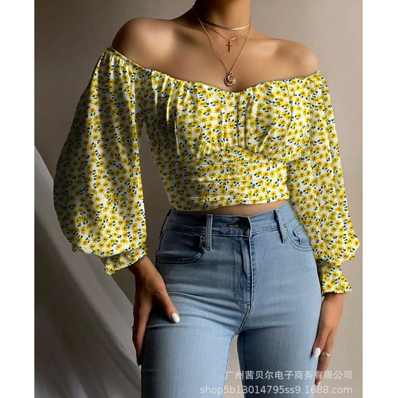 

WEPBEL Solid Color Shirt Women's Sexy Printing Pleated Slim Shirt Summer Fashion Lantern Sleeve Slash Neck Short Shirt