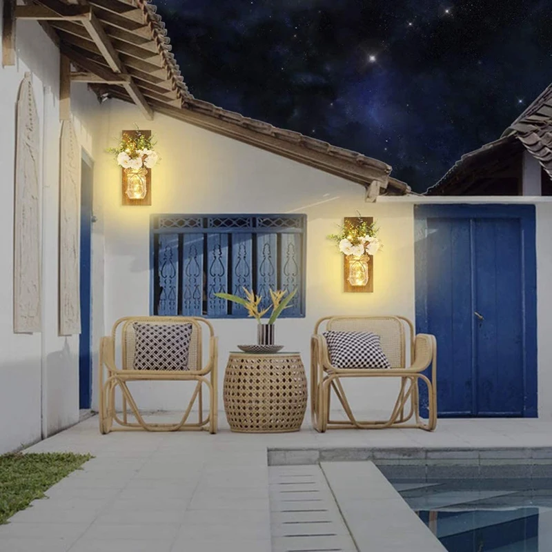 

Rustic Wall Lamp Mason Jar Sconces, Handmade Art Hanging Home Decor 2 Set with LED Fairy Lights Decorative Peony Flower