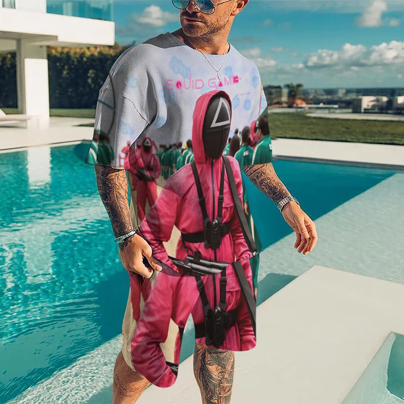 

Футболка с принтом из популярного фильма игра кальмар шорты Пляжные штаны Молодежные футболки оверсайз мужской костюм рубашки с круглым вы...