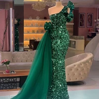 2022 green mermaid evening dresses ruffles one shoulder prom gowns sequins tulle over skirt second reception dress vestidos