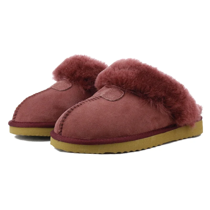 Wine red UVWP женская домашняя обувь из натуральной овечьей кожи с натуральным мехом; зимние тапочки для женщин; домашняя обувь; теплые шерстяные тапочки - Цвет: Wine red