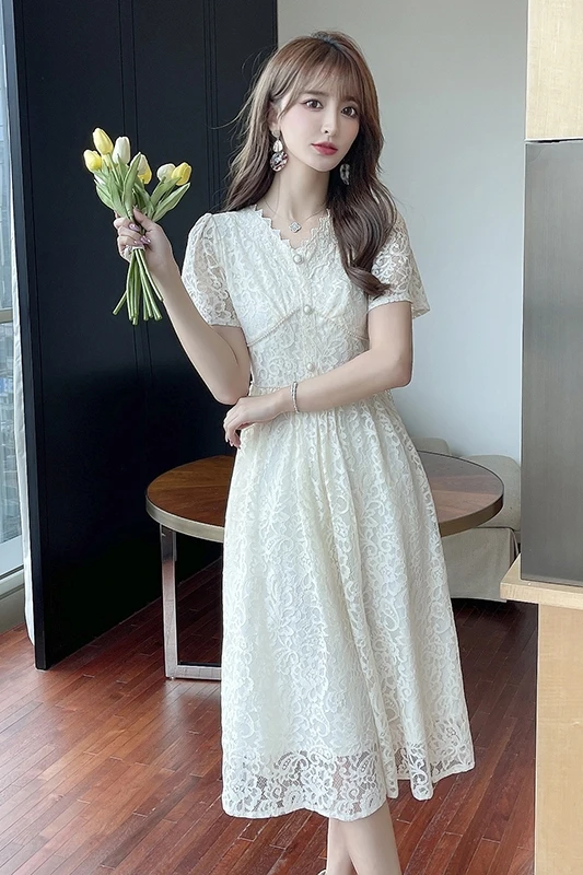 

COIGARSAM French Style Women dress Summer Puff Sleeve V-Neck Long Dresses Rice White 778