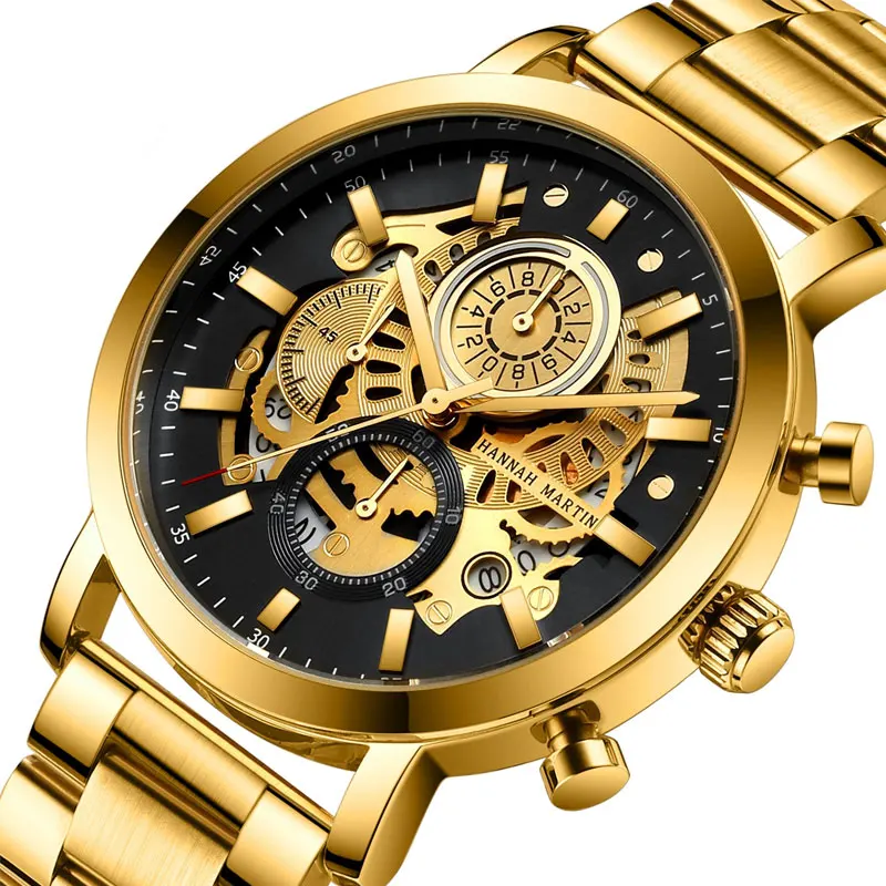 

2021 Multifunctional Men's Calendar Watch Hollow Quartz Black Gold Business Waterproof Steel Band Wrist Watch Chronograph Box