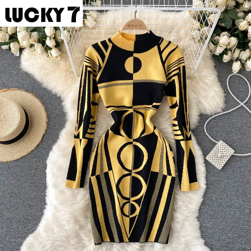 

Ladies Design Printed Knit Dress Long Sleeve O-neck Stretch Slim Pencil Skirt Autumn/Winter Sexy Tight Sweater Dress Short Skirt