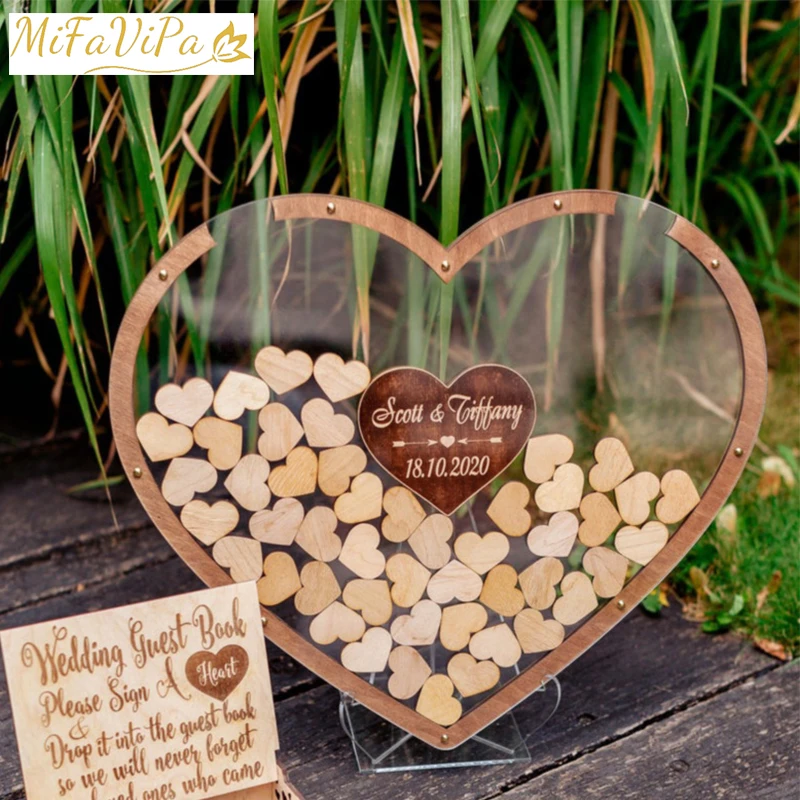 MiFaViPa Unique Wedding Guest Book Alternative with Wooden Heart Drop Top Rustic Visitors Book with Wooden Hearts Wood Guestbook