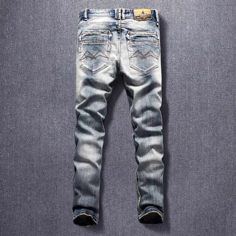 Italian Style Fashion Men Jeans Distressed Wash Elastic Cotton Slim Fit Scratch Vintage Designer Jeans Men Retro Denim Pants
