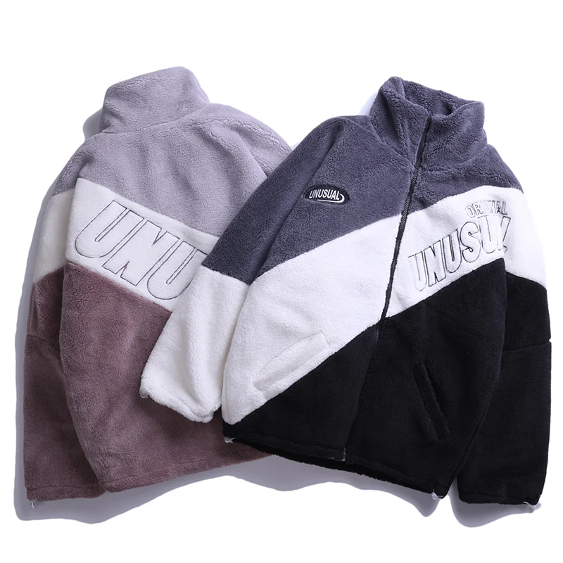 

Harajuku Lamb Jackets Men Patchwork Color Letter Embroidery Hip Hop Fleece Jacket Men Women Streetwear High Street Jacket Couple